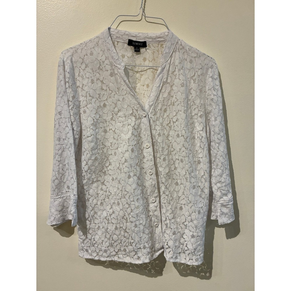 Elementz White Floral Lace Button Up Blouse 3/4 Sleeve Small Womens
